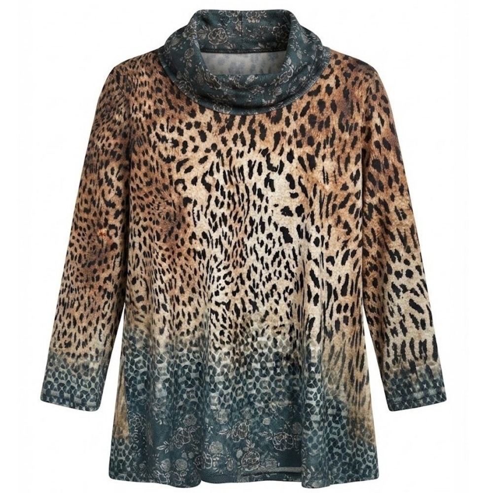 Jess & Jane Cleo Leopard Floral Tunic Shirt Brown Black Cowl Neck Large - CJ